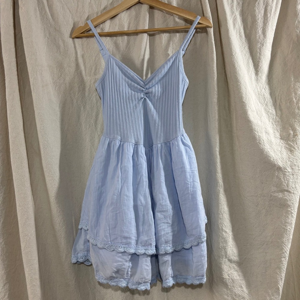 Aerie Light Blue Ribbed Tiered Mini Dress Crochet Trim Small